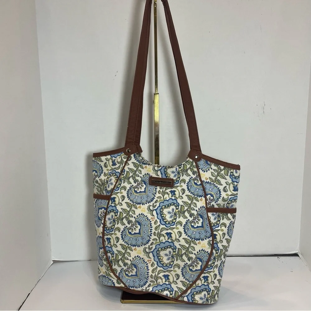 Longaberger Small Tote Bag,  Faux Leather Trim & Handles. Spots noted in picture